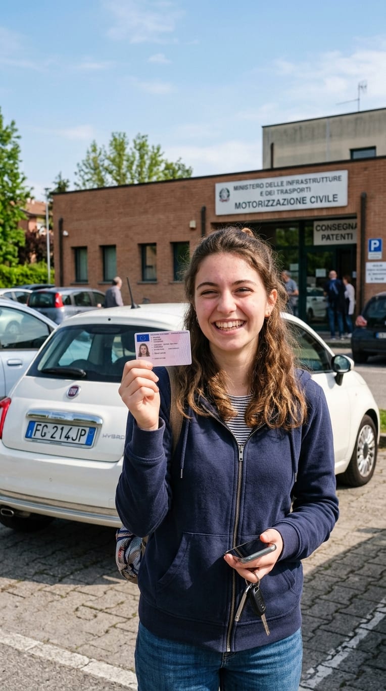 Una neopatentata mostra la patente appena ritirata alla Motorizzazione