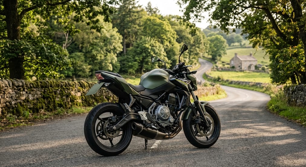 Una moto naked parcheggiata su una strada di campagna