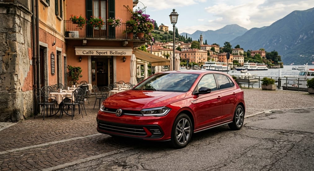 Un'utilitaria rossa parcheggiata sul lungolago di un borgo