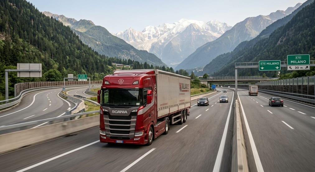 Un autoarticolato in viaggio su un'autostrada di montagna